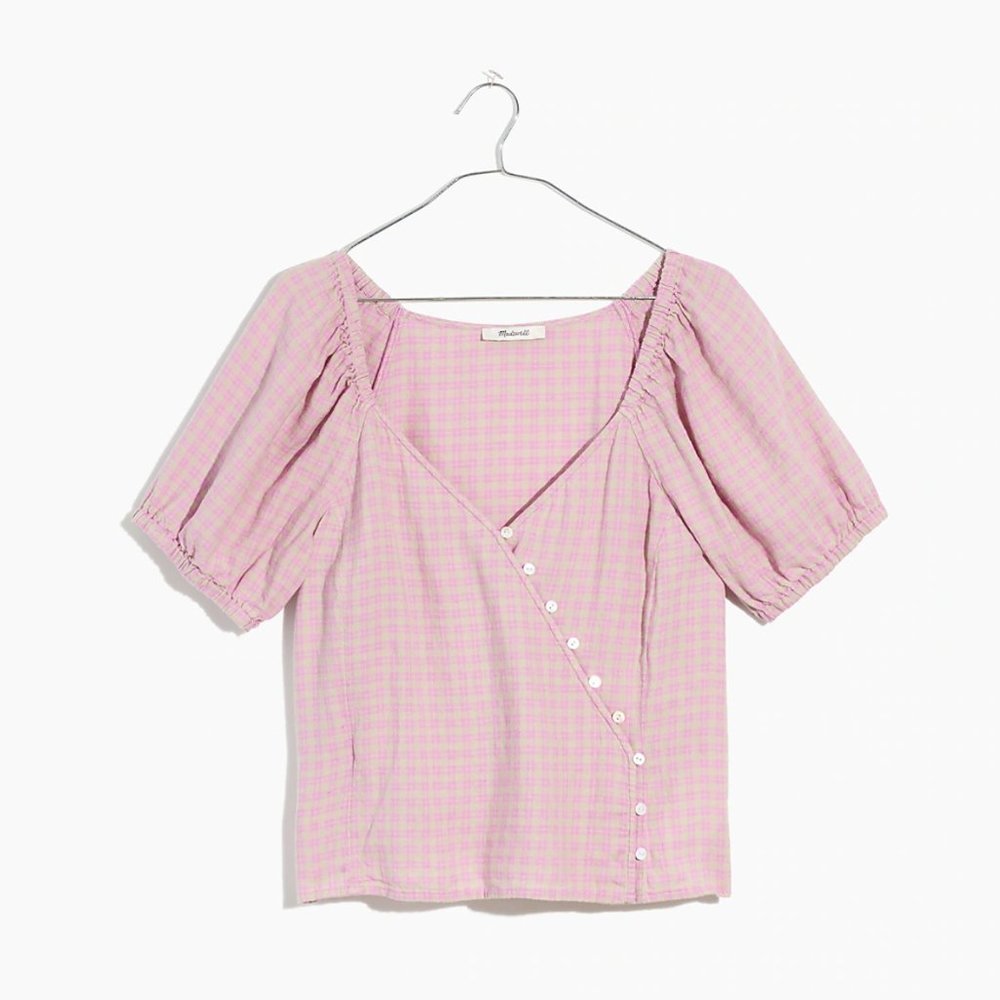 Madewell Linen-Blend Puff-Sleeve Button-Wrap Top in Plaid